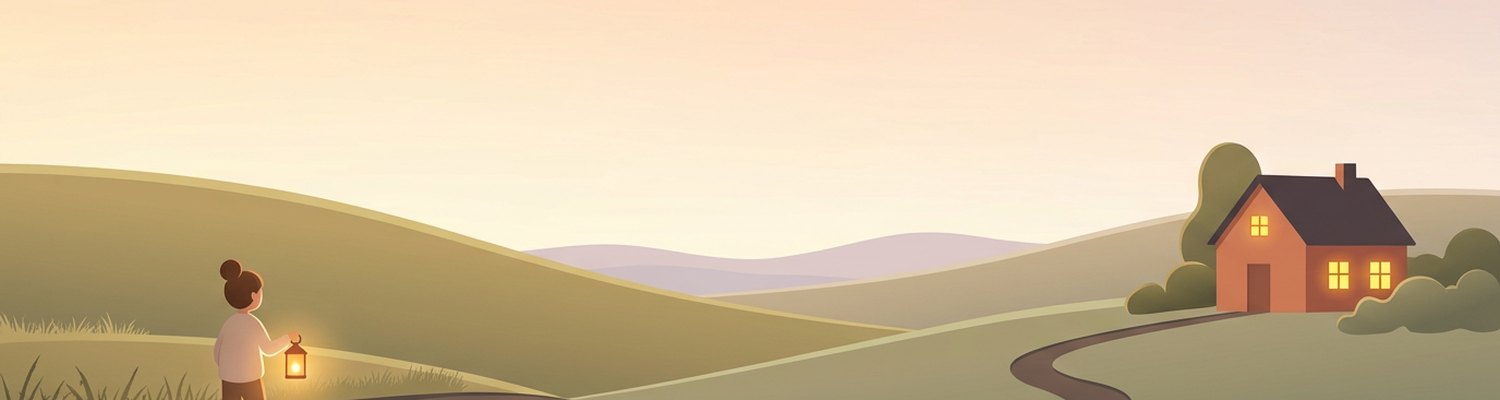 夕暮れの丘の道を、ランタンを持って家の灯りに向かって歩く人のイラスト