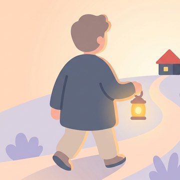 ランタンを持って夕暮れの帰り道を歩く人のイラスト