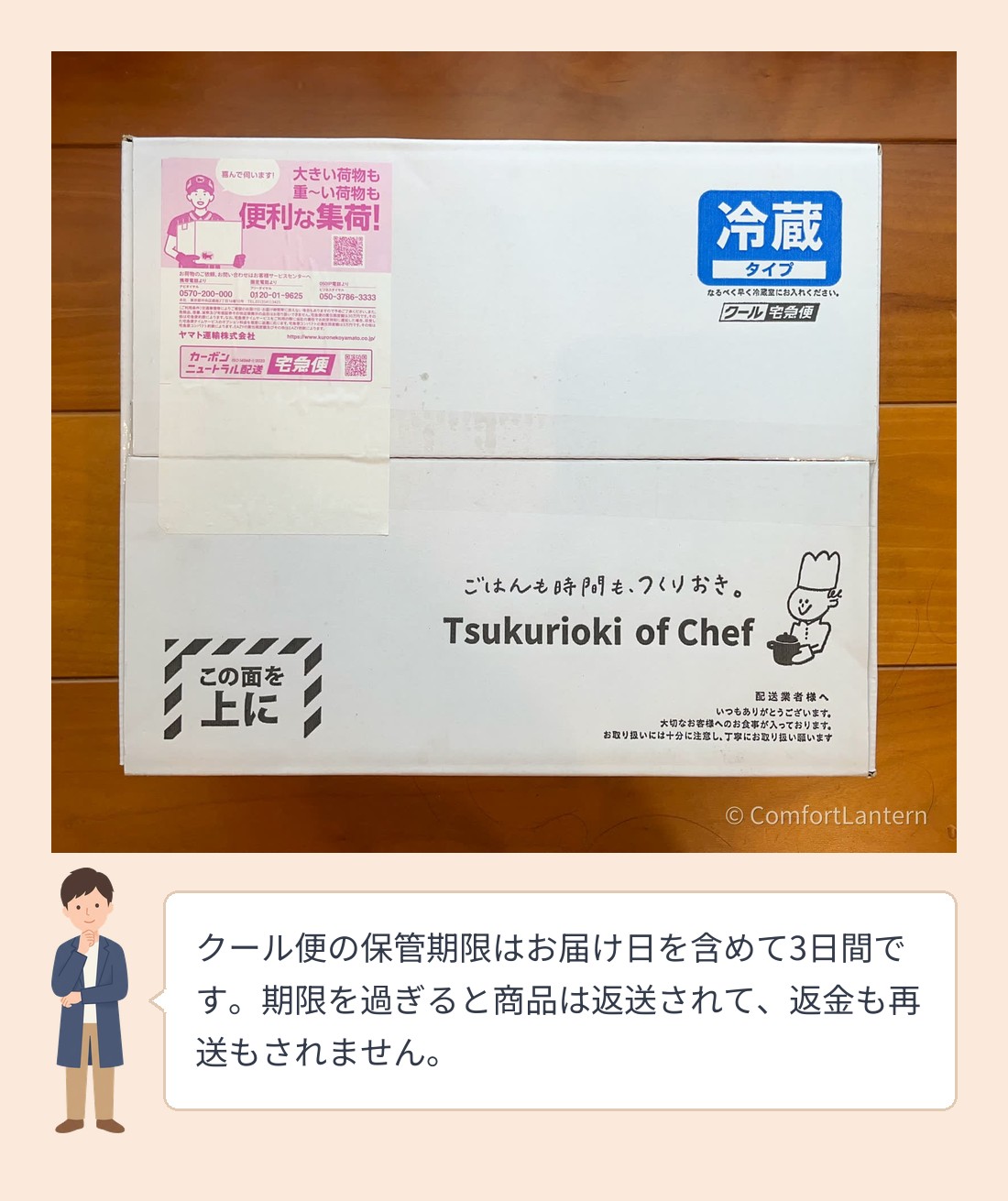 シェフの無添つくりおきが届いた段ボール箱。青い「冷蔵タイプ」のシールとクール宅急便の表示がある