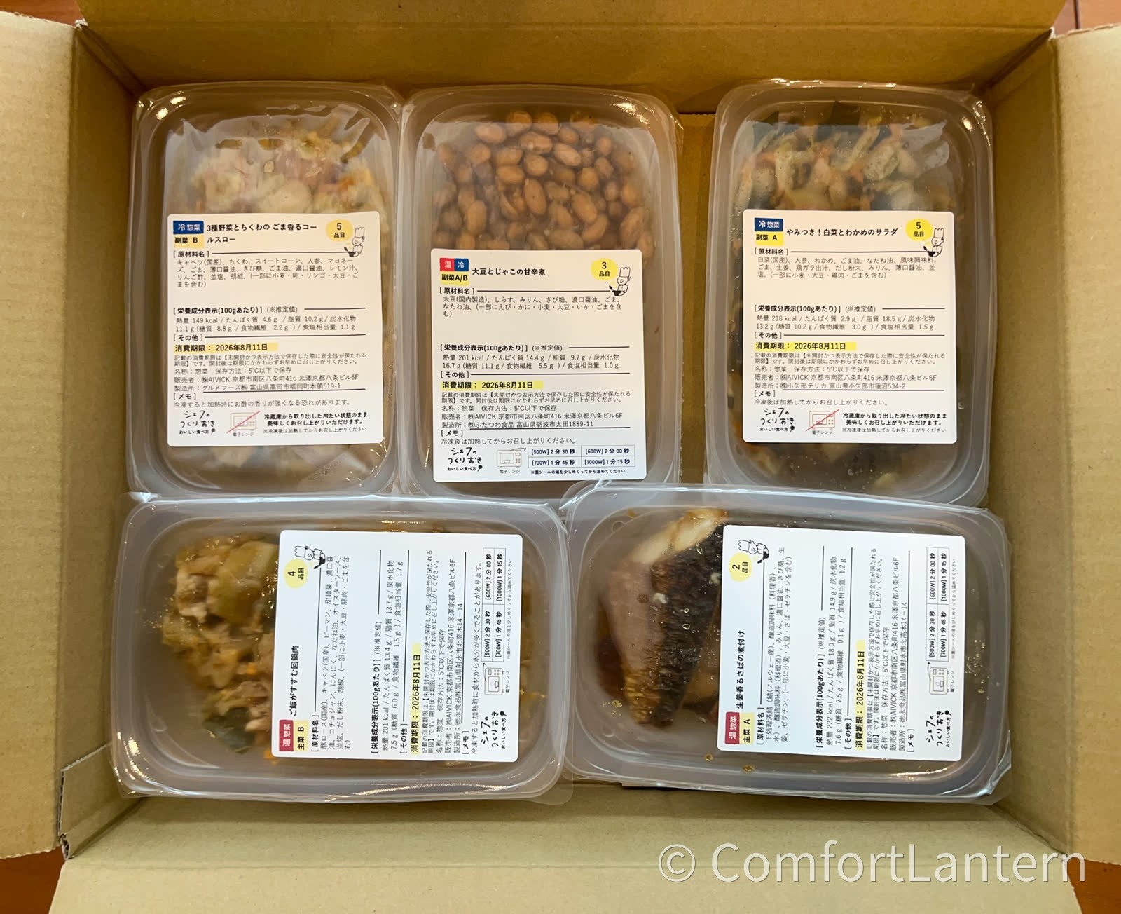 シェフの無添つくりおきの食卓サポートプラン5品すべてを箱から出して並べた俯瞰。各パックに商品名と原材料のラベルが貼られている