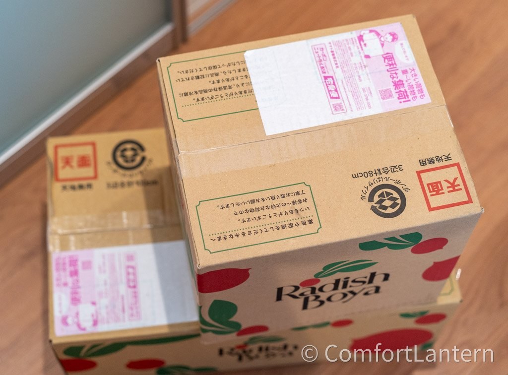 らでぃっしゅぼーやから届いた段ボール2箱を床に置いた状態。大小2つの箱が並べて置かれている