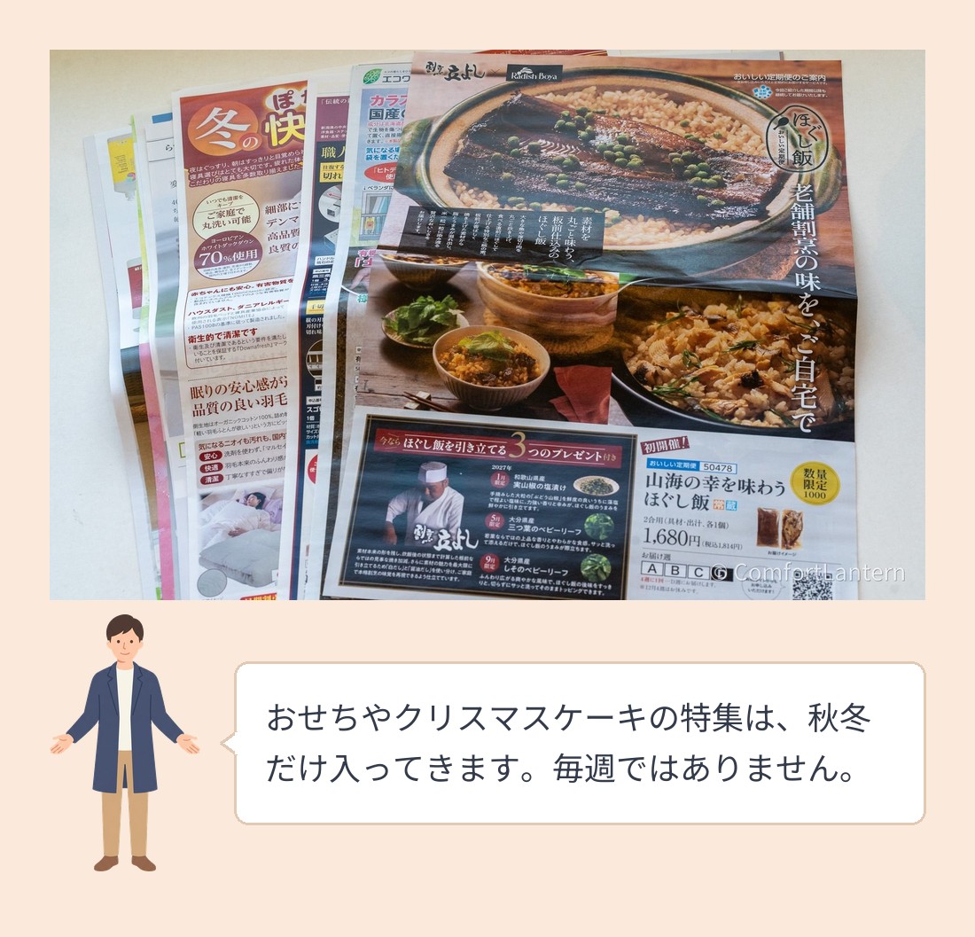 箱に入っていたカタログやチラシを広げたところ。食材のカタログと、季節の特集のチラシが重なっている