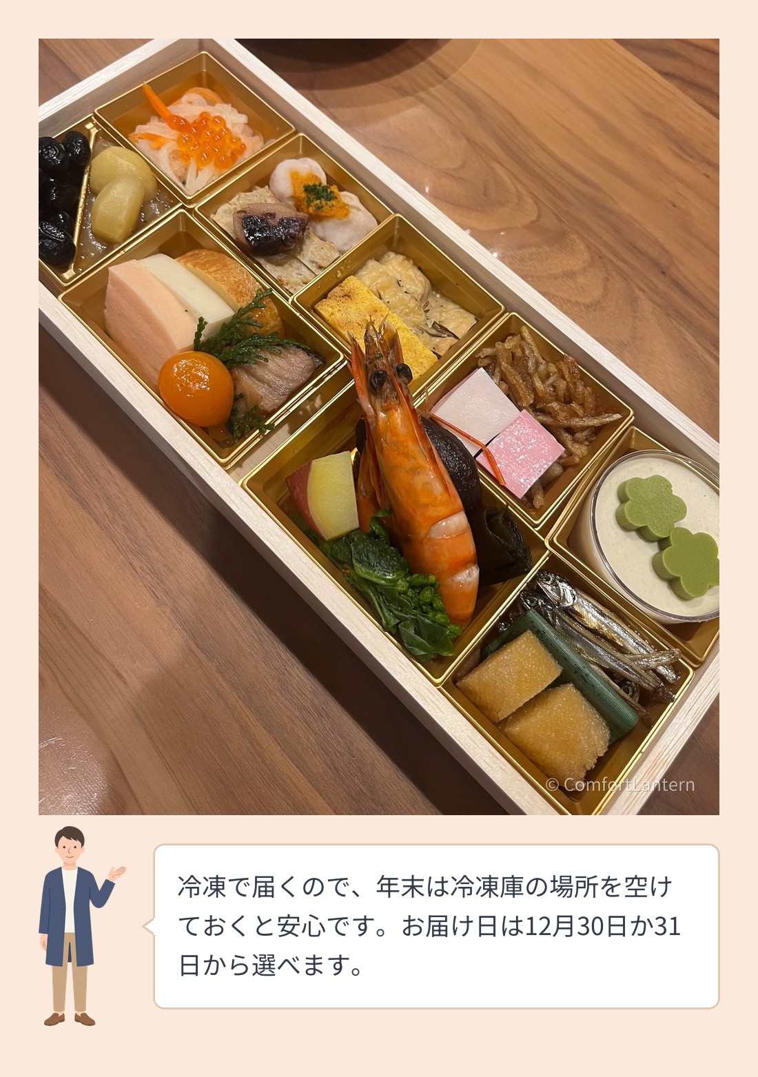 一段の木の重箱に、海老・伊達巻・黒豆・紅白のかまぼこ・抹茶のデザートなどが小さな仕切りごとに並んだ一人用のおせち
