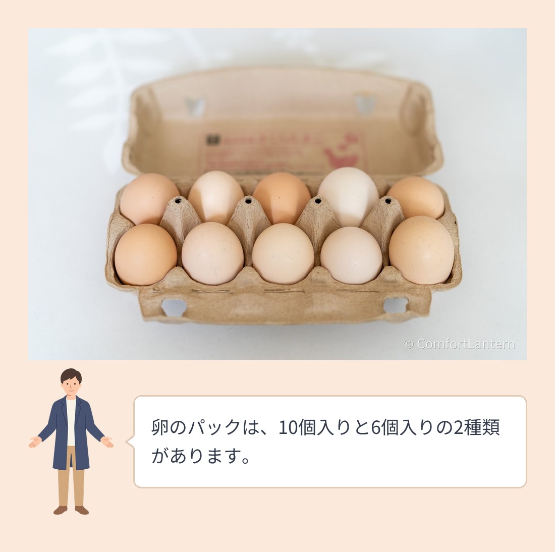 殻の色が一つひとつ違う卵が10個並んだ、ふたを開けたパック