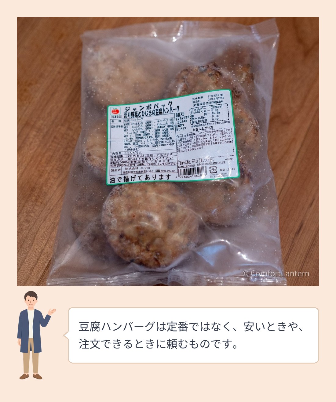 袋に入った豆腐ハンバーグのお得用パック。ラベルが貼られている