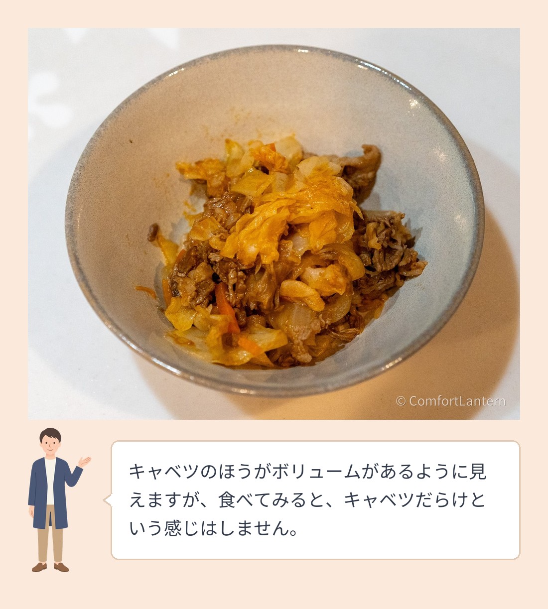 皿に出した牛肉とたっぷりキャベツのケチャップ煮。キャベツと牛肉が盛られている